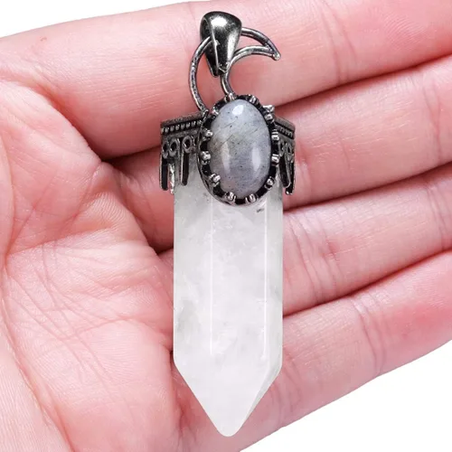 Vista 3 de Nupuyai Colgante vintage de punta de cristal curativo para mujeres y hombres, collar de piedra hexagonal con labradorita ovalada, joyería de reiki