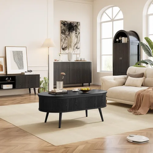 Vista 7 de Mesa auxiliar ovalada con almacenamiento, moderna mesa de centro acanalada con parte superior elevadora, mesas de centro pequeñas con Negro