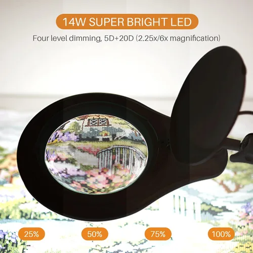 Vista 2 de Lámpara de aumento bifocal LED con abrazadera, 14W 1200LM, color negro Lente de cristal bifocal de 5 pulgadas con 60 LED SMD que proporciona un