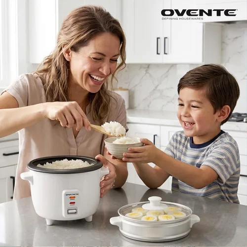 Vista 9 de OVENTE - Olla arrocera eléctrica y vaporizador de alimentos – Capacidad de arroz de 5 tazas, olla extraíble antiadherente, función de mantener