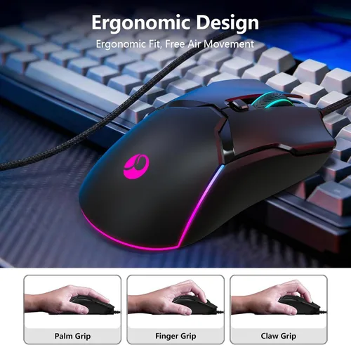 Vista 6 de Ratón para juegos con cable SPEEDORA, ratones ópticos ergonómicos de 8000 DPI con 12 modos de retroiluminación RGB, 6 botones programables, software