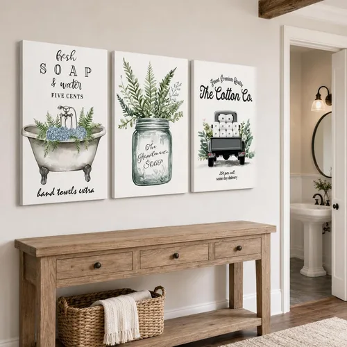 Vista 15 de KVTM 3 piezas de arte de pared de baño de granja, diseño de jabón fresco y bañera de agua, impresiones rústicas de flores en lienzo, arte estético