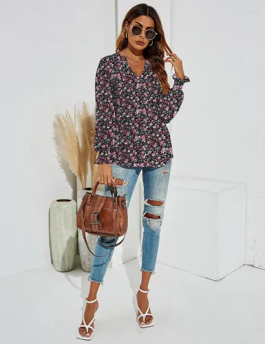 Vista 4 de Romanstii Camisetas casuales con cuello en V para mujer, blusas sueltas de manga larga abombada