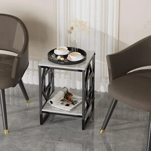 Vista 4 de Mesa auxiliar de piedra sinterizada: mesa de centro pequeña cuadrada blanca de 2 niveles con marco negro - Sofá moderno mesita de noche para sala
