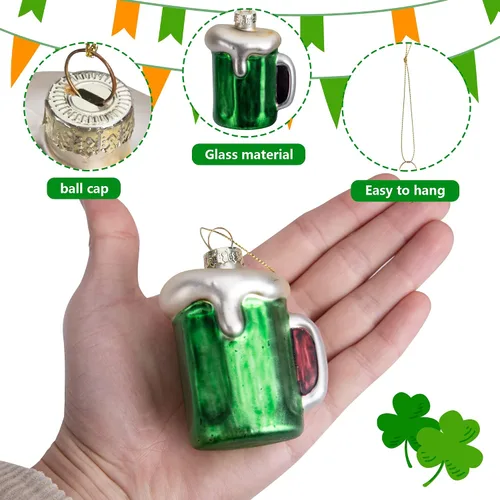 Vista 3 de 9 adornos de cristal para el día de San Patricio, Irlanda verde con sombrero de trébol de San Patricio, adornos colgantes de cerveza, adornos