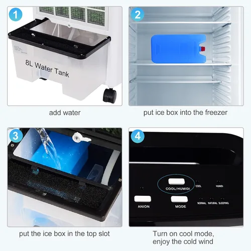 Vista 4 de Enfriador de aire evaporativo 3 en 1, enfriador de aire oscilante ancho con humidificador, control remoto, 2 paquetes de hielo y tanque de agua
