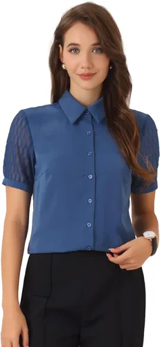 Vista 7 de Allegra K Camisa de trabajo con botones para mujer, manga corta, cuello de punto