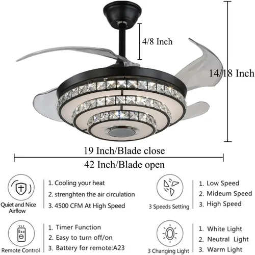 Vista 5 de Ventilador de techo de 42 pulgadas con luz, ventiladores de araña negros Retractable Ceiling Fans with Lights, Crystal Chandelier with Music, 7
