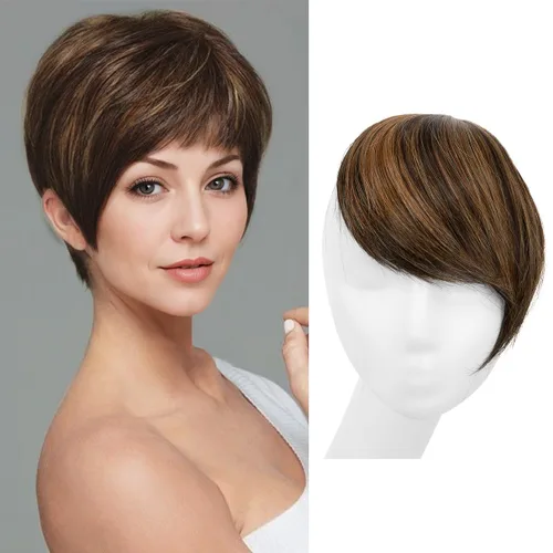 Vista 18 de SARLA Flequillo lateral negro marrón con clip en piezas de cabello sintético, extensión de flequillo recto para mujeres