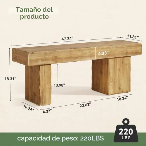 Vista 2 de Banco de Madera Maciza Engrosada, Banco de Entrada Rústico Estilo Granja de 47", con Patas Artísticas, Banco de Comedor de Servicio Pesado