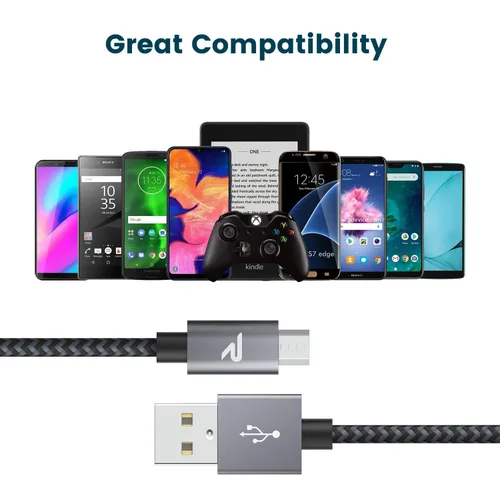 Vista 7 de RAMPOW - Cable micro USB [2 unidades/1 m] QC 3.0, cargador y sincronizador de carga rápida para Android, cables micro USB de nailon trenzado