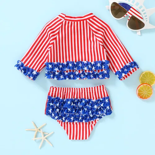 Vista 2 de SEVEN YOUNG Traje de baño de manga larga para bebé, bikini de playa, con volantes, rayas, traje de baño de dos piezas, 3M-3T