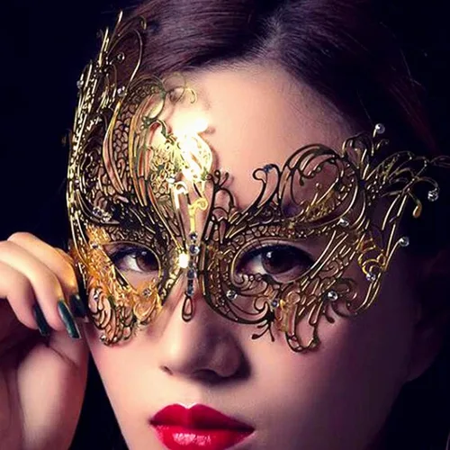 Vista 3 de Máscara de metal brillante para mujer, con diamantes de imitación, para fiestas venecianas, bailes de graduación, disfraces, accesorio