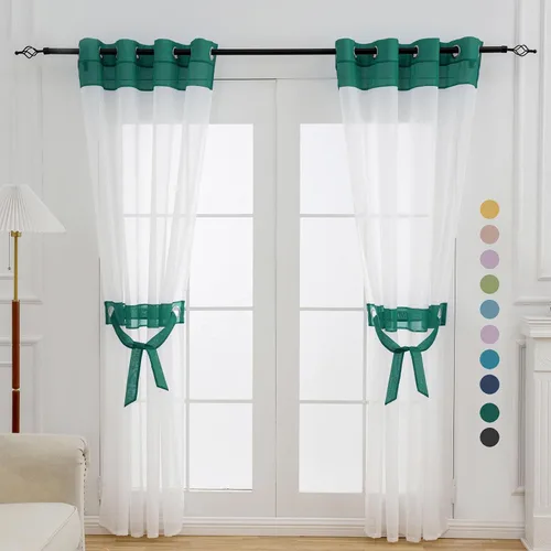 Vista 20 de L.Z.E - Cortinas transparentes blancas y negras de 63 pulgadas de largo, 2 paneles para sala de estar, cortinas elegantes y modernas transparentes
