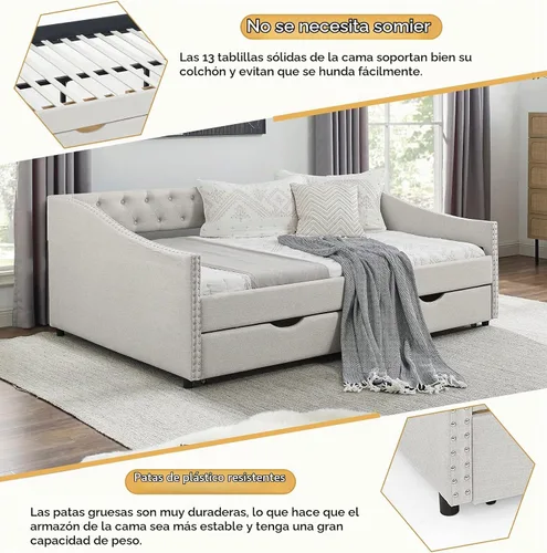 Vista 5 de Base de cama tamaño matrimonial de madera, base de cama diurna con 2 cajones de almacenamiento, sofá cama tapizada de tamaño matrimonial con diseño