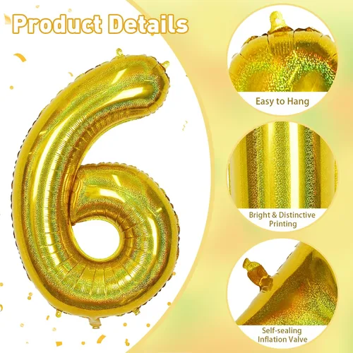 Vista 2 de Globos de cumpleaños de 6 años para niños, globos gigantes de Mylar con el número 6 autoinflables, globos de aluminio iridiscentes dorados, globos