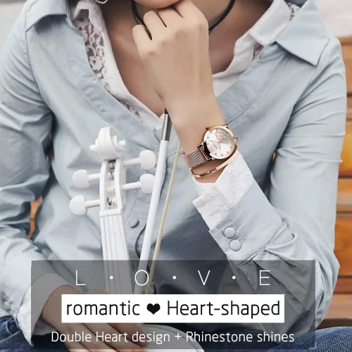 Vista 3 de OLEVS Relojes de oro rosa para mujer movimiento de cuarzo japonés con diamantes de corazón para niñas reloj de pulsera con correa de malla