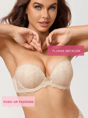 Vista 4 de DOBREVA Women's Strapless Push Up Bra Lace Plunge Padded Underwire Bras Add 1 Cup