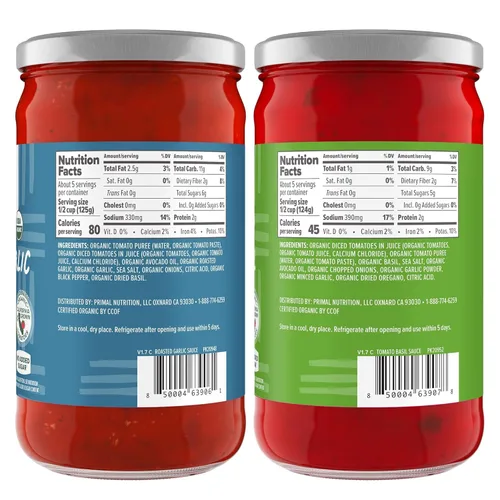 Vista 2 de Primal Kitchen Salsa de tomate para pasta, paquete de 2, sin azúcar añadida, incluye 1 tomate y albahaca y 1 salsa marinara de ajo asado