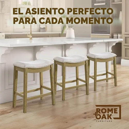 Vista 7 de ROME + OAK Juego de 2 Taburetes de Mostrador Parker de 26", Taburete de Bar de Cocina sin Respaldo Tipo Silla de Montar en Acabado de Madera Natural