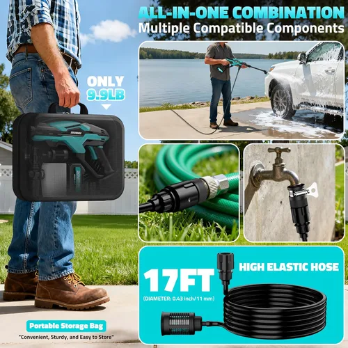 Vista 7 de Lavadora a presión inalámbrica alimentada por batería, lavadora a presión portátil de mano de 800 PSI con motor sin escobillas, 1 batería y cargador