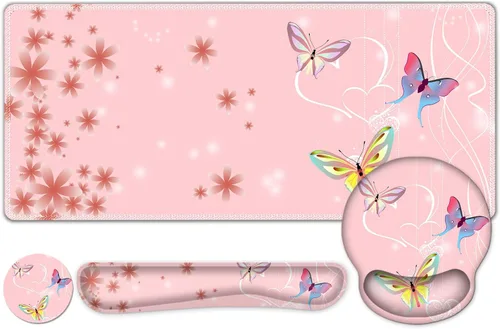 Vista 11 de Alfombrilla de mouse con estética natural de flores, XXL gran alfombrilla de escritorio extendida para la lectura, 4 piezas de base de goma