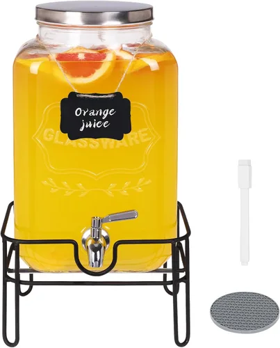 Vista 10 de Moretoes Dispensador de bebidas de vidrio de 1 galón para fiestas, dispensador de bebidas para jugo y té helado, tarro hermético de vidrio para té