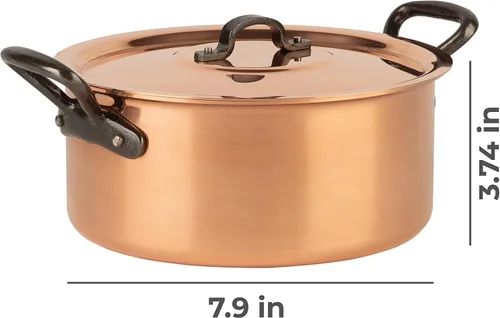 Vista 2 de olla de cobre estañado con asas y tapa de hierro fundido olla tradicional de cobre macizo olla de Francia ideal para sopas y guisos 3.2 cuartos