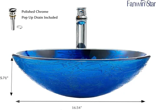Vista 5 de Blue OceanMystery Series - Fregadero de baño de vidrio templado decorativo en azul estrellado Fregaderos de montaje superior sobre encimera