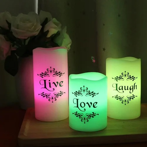 Vista 4 de Velas LED sin llama que cambian de color con control remoto de 18 teclas y temporizador, calcomanías de Live Love Laugh que funcionan