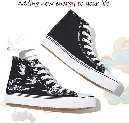 Vista 4 de kufeiti Zapatillas de lona altas para mujer, zapatos de lona con cordones, zapatillas blancas y negras, zapatos casuales para caminar