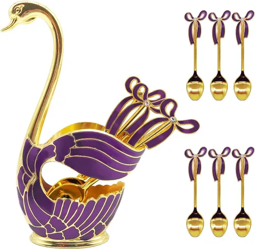Vista 12 de Flylin Juego de cucharas de postre de café, soporte con base de cisne con 6 cucharas de helado, cucharaditas de café, postre y azúcar, cubiertos