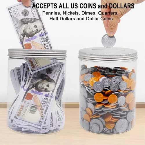 Vista 3 de Tarro grande para monedas, gran plástico transparente para monedas, dinero con punta de dinero, ahorro de alcancía con tapa ranurada plateada