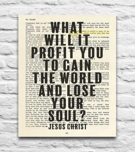 Vista 4 de What Will It Profit You To Gain the World and Lose Your Soul, cita de Jesucristo, Marcos 8:36, impresión de arte cristiano, sin marco, arte de pared
