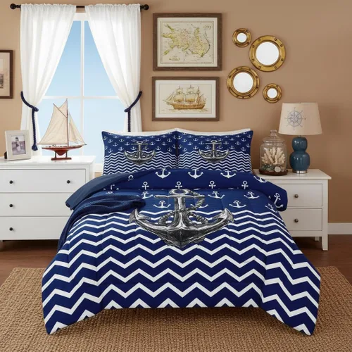 Vista 42 de Juego de edredón Lake House tamaño Twin, juego de ropa de cama náutica de navegación con ancla de 2 piezas para decoración de habitación de niños