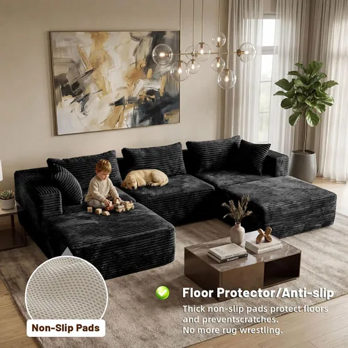 Vista 3 de Sofá modular 110 sin hueso con 2 otomanas, sofá modular en forma de U de pana, sofá convertible en nube con asientos profundos, no requiere montaje
