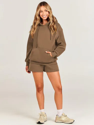 Vista 6 de ANRABESS Conjunto deportivo de 2 piezas para mujer, sudadera con capucha de gran tamaño, conjunto de sudadera corta a juego