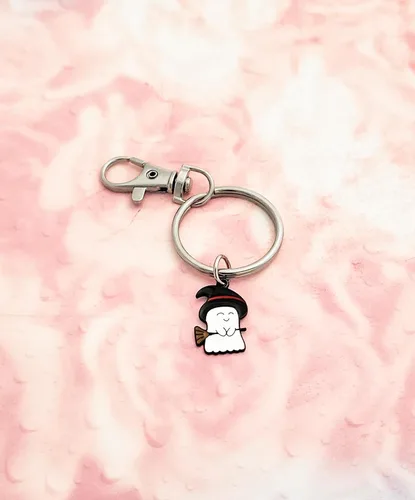 Vista 2 de Happy Ghost Witch Zipper Pull or Keychain Keyring in Black & White Enamel with Black Base