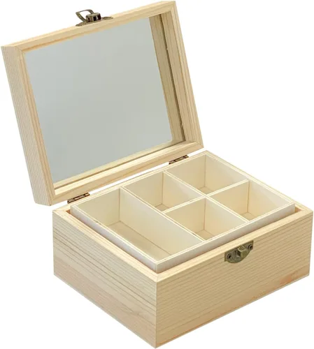 Vista 4 de Paquete de 3 joyeros de madera de superficie sin terminar (6 x 4.7 x 3 pulgadas), caja pequeña de madera con espejo de vidrio