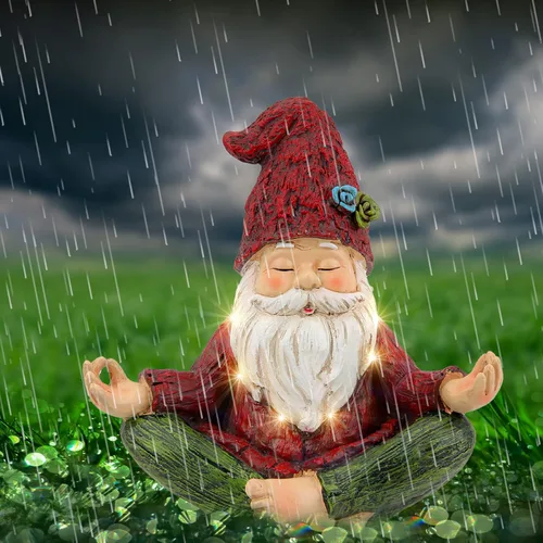 Vista 6 de Smadeer Estatua de gnomo de yoga de jardín, figura de gnomos al aire libre con luces solares, Knome en postura de yoga para decoración de jardín
