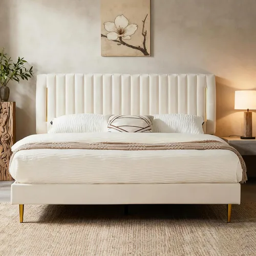 Vista 7 de Furnify Armazón de Cama de Plataforma Twin, Armazón de Cama Tapizado en Terciopelo con Cabecera Ajustable de Canal Vertical, Ribete de Enchapado
