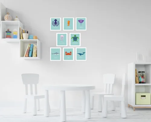 Vista 5 de Tarjetas de pared de animales del océano, decoración náutica de cuarto de bebé, arte marino educativo para niños, regalo para niños, juego de 8