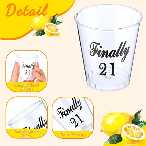 Vista 3 de Roshtia 100 vasos de chupito de 21 cumpleaños, finalmente, 21 vasos de chupito de plástico desechables, vasos de muestra de 2 onzas, vasos