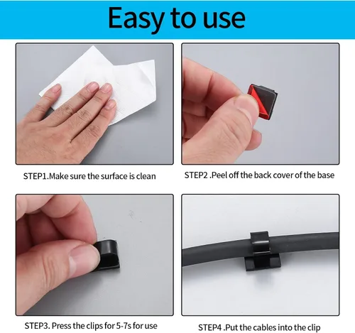 Vista 4 de 105 clips autoadhesivos para cables, clips de gestión de cables de pared negros, clip adhesivo para pared debajo del escritorio, abrazadera