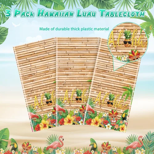 Vista 4 de Mantel hawaiano Luau de 3 piezas, mantel para fiesta de Tiki tropical, mantel rectangular desechable de plástico para Tiki Bar Tropical, verano