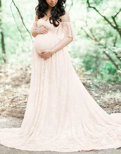 Vista 3 de ZIUMUDY Fotografía Vestido de maternidad fuera del hombro Encaje Baby Shower Vestido de novia embarazada