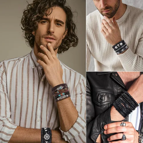 Vista 5 de KISS WIFE Pulsera de cuero para hombre, 4 paquetes de pulseras punk, pulsera trenzada de poliuretano, pulsera de cráneo, esqueleto, rock, emo