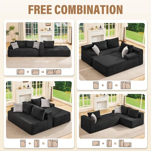 Vista 7 de Hobestluk - Sofá modular sin hueso, sofá seccional en forma de L 96" Right Facing Chaise Black,Memory Foam,Removable Cover,Non-slip Bottom,No
