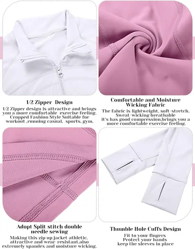 Vista 4 de Neer Paquete de 2 chaquetas de manga larga para mujer, con cremallera de 12, ombligueras de yoga, ajustadas, para correr, con agujeros para el pulgar