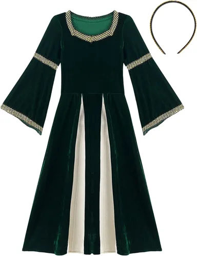 Vista 3 de iiniim Disfraz de princesa medieval para niñas, disfraz de Halloween renacentista, vestido de terciopelo vintage con tocado